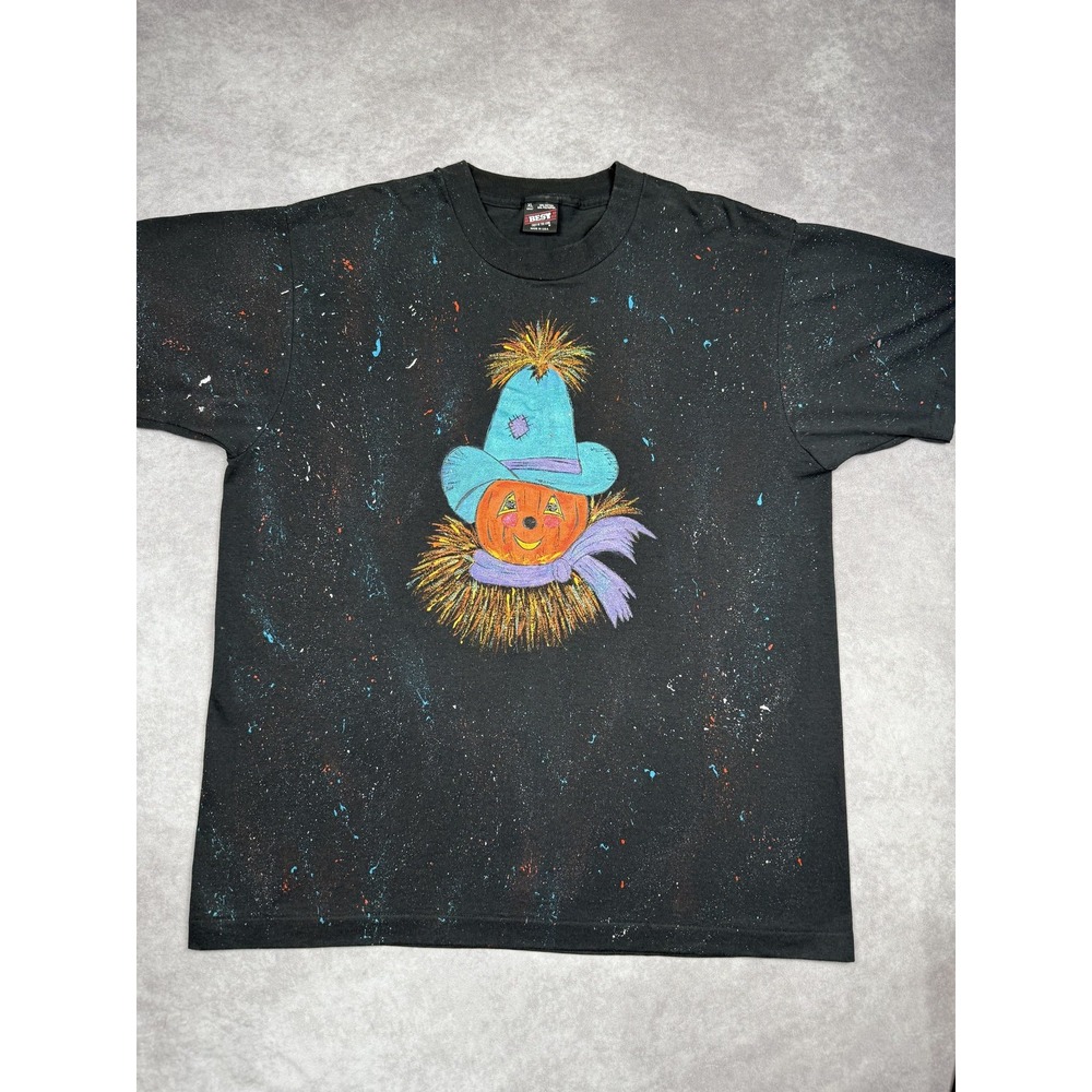 Vintage Pumpkin Scarecrow Shirt Mens XL Black Glitter Halloween Art 90s USA Tee - Picture 1 of 16